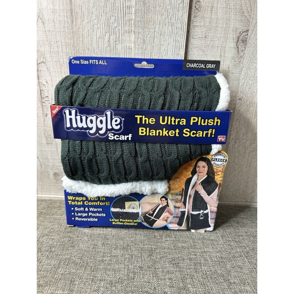 Huggle The Ultra Plush Blanket Scarf Charcoal Gray w/ Large Pockets & Reversible - Picture 1 of 5